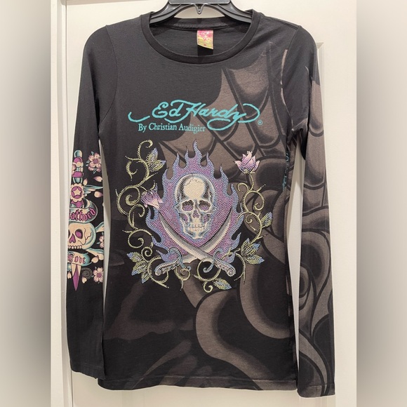 Ed Hardy Shirt Vintage Y2K Size Small Rhinestone Skull Koi Fish Rare Multi Print - Picture 1 of 16